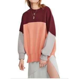 Free People Colorblock Sweater Peach Combo Burgundy Grey L